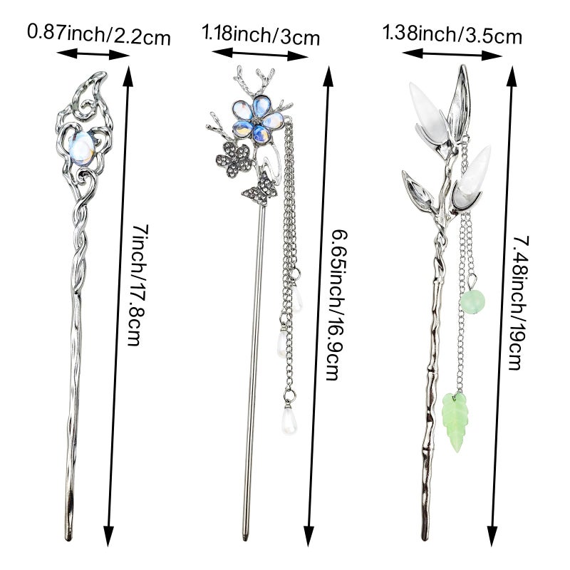 Arvintas 6PCS Star Moon Hair Sticks for Buns Long Hair Chinese Hanfu Asian Vintage Hair Chopsticks Metal Silver Hair Bun Updo Holders Long Hairpins for Women Girls - Image 2