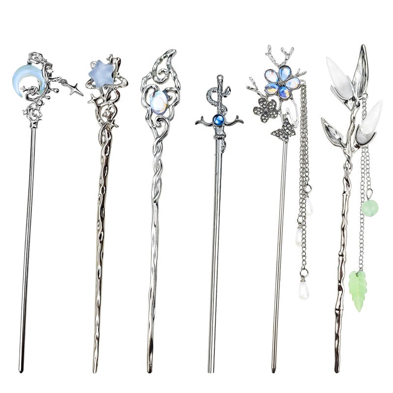 Arvintas 6PCS Star Moon Hair Sticks for Buns Long Hair Chinese Hanfu Asian Vintage Hair Chopsticks Metal Silver Hair Bun Updo Holders Long Hairpins for Women Girls - Image 1