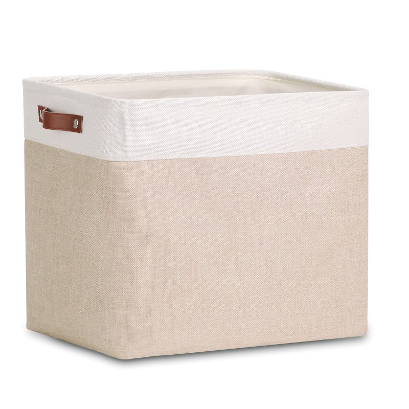 DULLEMELO Large Collapsible Storage BasketBin with Sturdy Leather Handles Fabric Organizer Bin for Storage Clothes Toys Books Office Bedroom Closet Nursery  Laundry WhiteKhaki