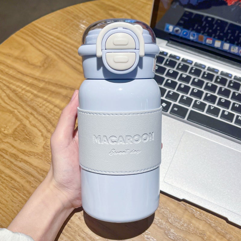 Simple Solid Color Thermos Cup Large Capacity Double Drinking Cup with Cup Cover Portable Suction Cup Student Sports Drinking Cup Blue - Image 1