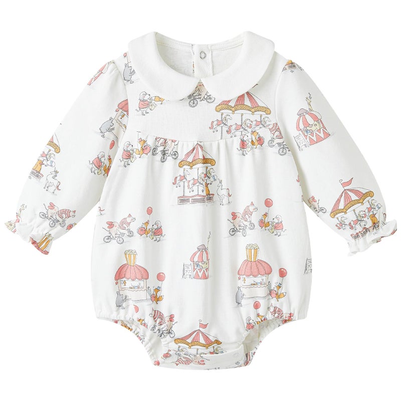 pureborn Baby Girls Bodysuit Peter Pan Collar Bubble Romper Long Sleeve Cotton One-Piece Outfit Animal Paradise 3-6 Months - Image 1