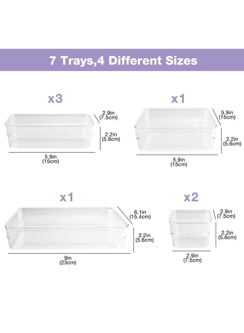Clear Plastic Desk Drawer Organizers 7-Piece Tray Set for Bedroom Dresser Makeup Kitchen Utensil Office Storage Everyday Use - Image 5
