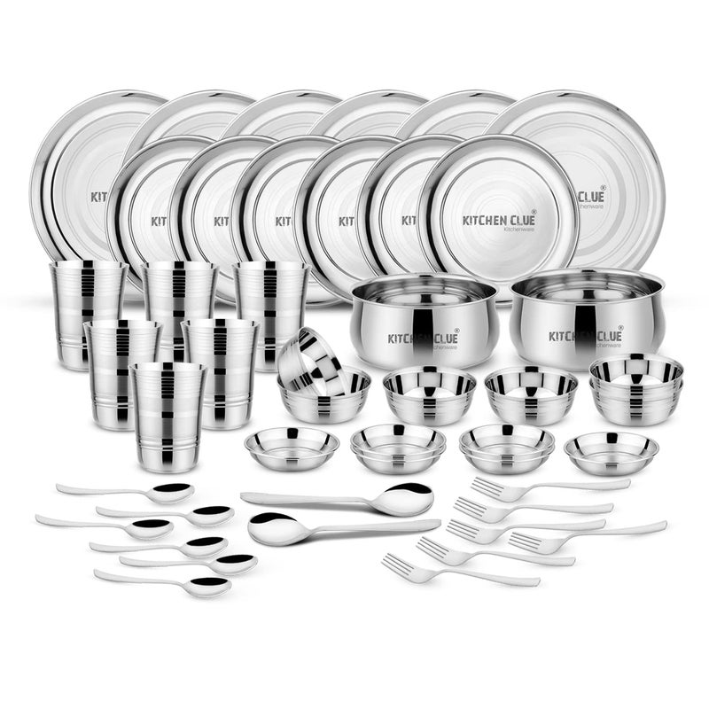 KITCHEN CLUE Stainless Steel Dinner Combo Set for Kitchen - Pack of 46 Pcs, Silver - Exclusive Premium Grade Quality Steel Dinner Set with Full Size Plate/Thali/Glass Set & Serving Bowl Combo Pack - Image 1
