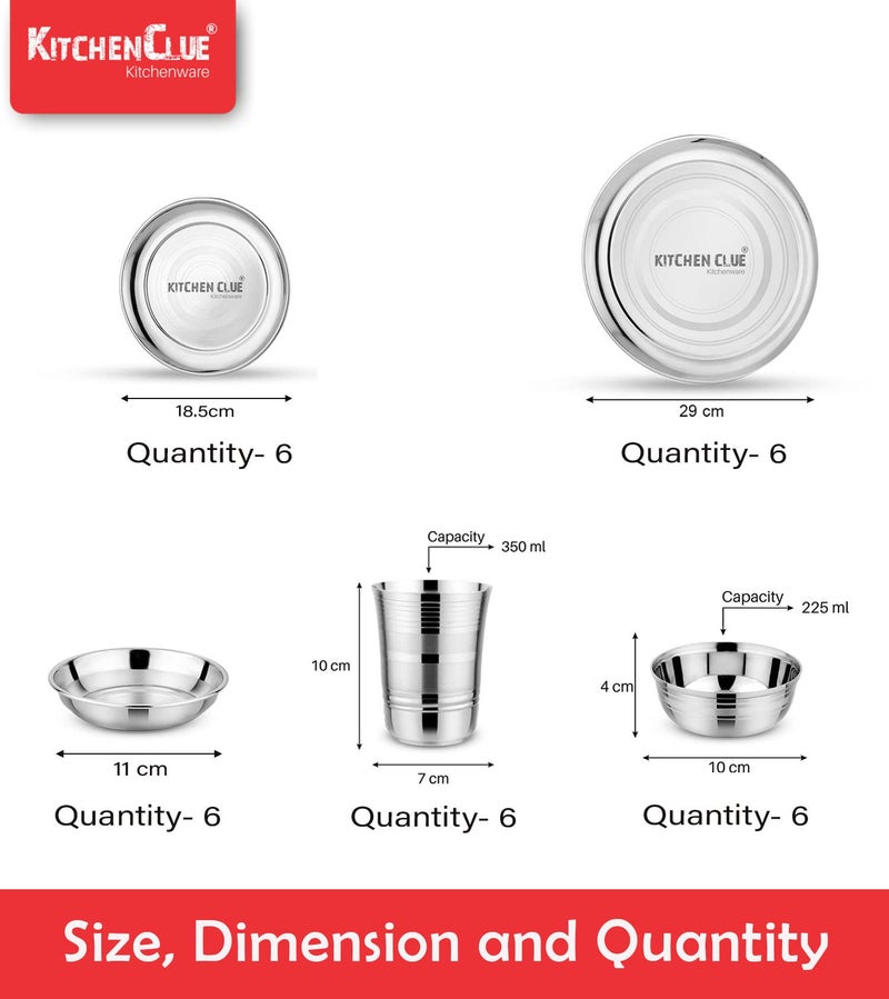 KITCHEN CLUE Stainless Steel Dinner Combo Set for Kitchen - Pack of 46 Pcs, Silver - Exclusive Premium Grade Quality Steel Dinner Set with Full Size Plate/Thali/Glass Set & Serving Bowl Combo Pack - Image 5