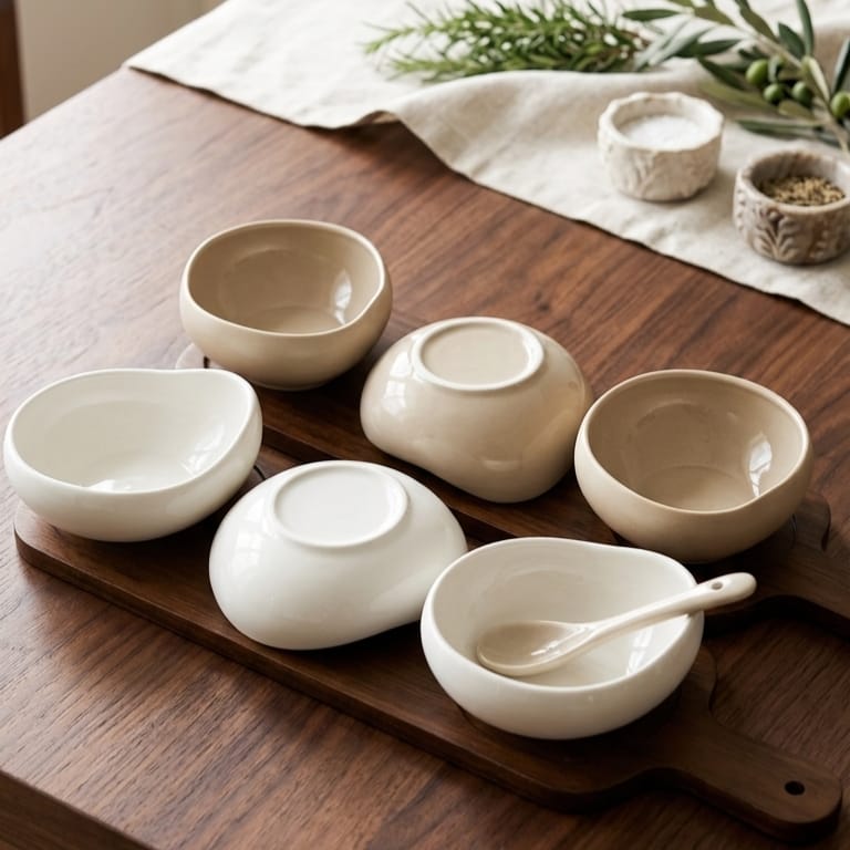 Porcelain snack set with 3 oval compartments and a wooden base