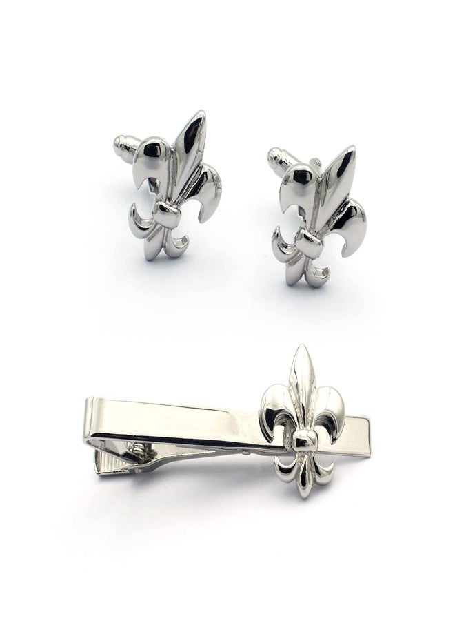 Vcufflinks Fleur De Lis Cufflink and Tie Bar/Clip Set (Silver) - Image 1