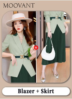 Moovant Women's 2 Pieces Suit, Long Sleeve Blazer and Pleated Skirt Set with Belt, Blazer Dress Suit, for Business Casual and Office Chic, Green  - Image 1