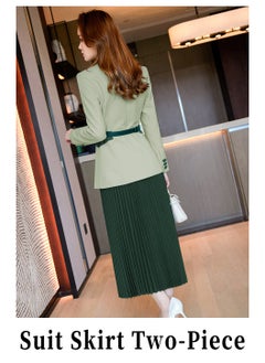 Moovant Women's 2 Pieces Suit, Long Sleeve Blazer and Pleated Skirt Set with Belt, Blazer Dress Suit, for Business Casual and Office Chic, Green  - Image 3