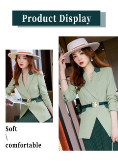 Moovant Women's 2 Pieces Suit, Long Sleeve Blazer and Pleated Skirt Set with Belt, Blazer Dress Suit, for Business Casual and Office Chic, Green  - Image 4