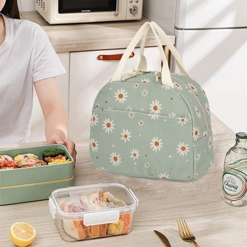 Yusudan Corduroy Lunch Bag for Women Girls Lunch Tote Bags Reusable Insulated Lunch Box for Work Picnic School Travel (Green Corduroy - Daisy) - Image 2