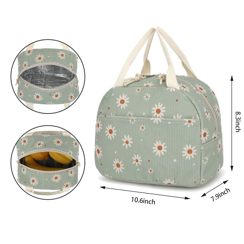 Yusudan Corduroy Lunch Bag for Women Girls Lunch Tote Bags Reusable Insulated Lunch Box for Work Picnic School Travel (Green Corduroy - Daisy) - Image 5