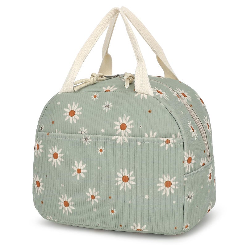 Yusudan Corduroy Lunch Bag for Women Girls Lunch Tote Bags Reusable Insulated Lunch Box for Work Picnic School Travel (Green Corduroy - Daisy) - Image 1