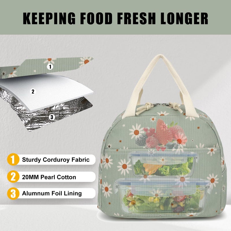 Yusudan Corduroy Lunch Bag for Women Girls Lunch Tote Bags Reusable Insulated Lunch Box for Work Picnic School Travel (Green Corduroy - Daisy) - Image 3