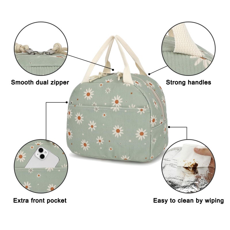 Yusudan Corduroy Lunch Bag for Women Girls Lunch Tote Bags Reusable Insulated Lunch Box for Work Picnic School Travel (Green Corduroy - Daisy) - Image 4