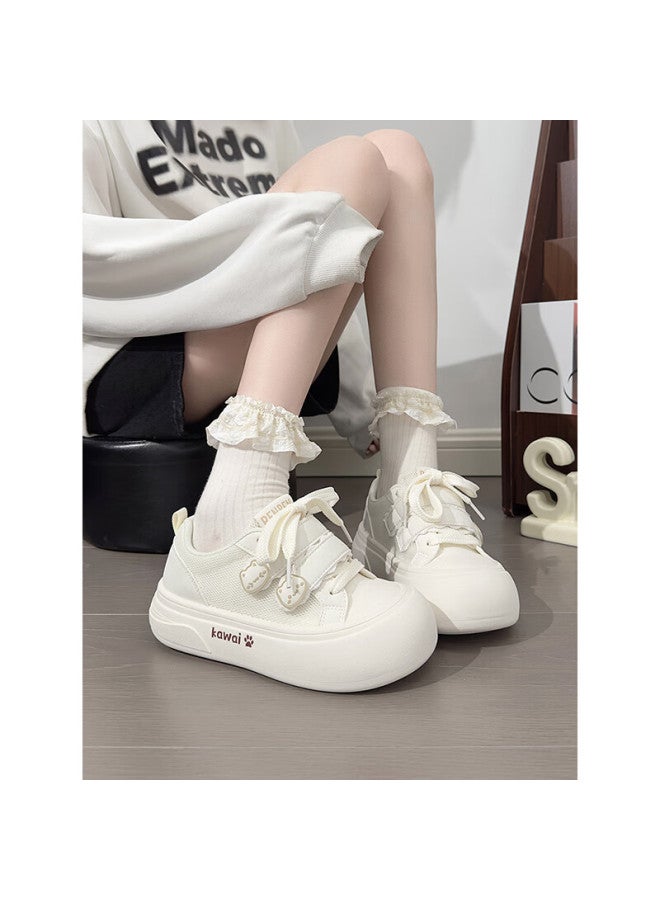 Humanity Renben Cute Velcro White Sneakers For Women, Popular Ugly-cute Big-head Shoes, Versatile Mesh Panel Shoes, White, Size 35 - Image 1