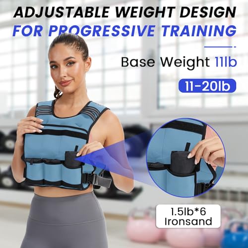 VBSD Adjustable Weighted Vest for Women Men 11-20LB Vest with 6 Ironsand Weights Body Weight Vest with Reflective Strip for Running Walking Strength Training Workouts Blue - Image 5
