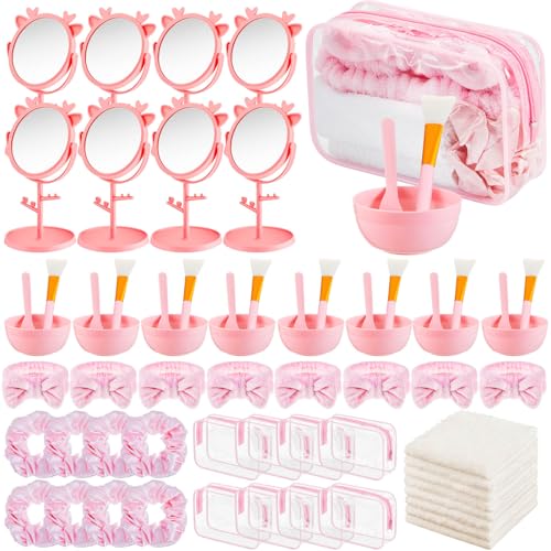 Shinylin 8 Set Spa Sleepover Party Supplies Bulk Include Face Mask Mixing Bowl Set Mirror Headband Scrunchies Cosmetic Bags Face Wash Cloths for Spa Birthday Party Pink - Image 1