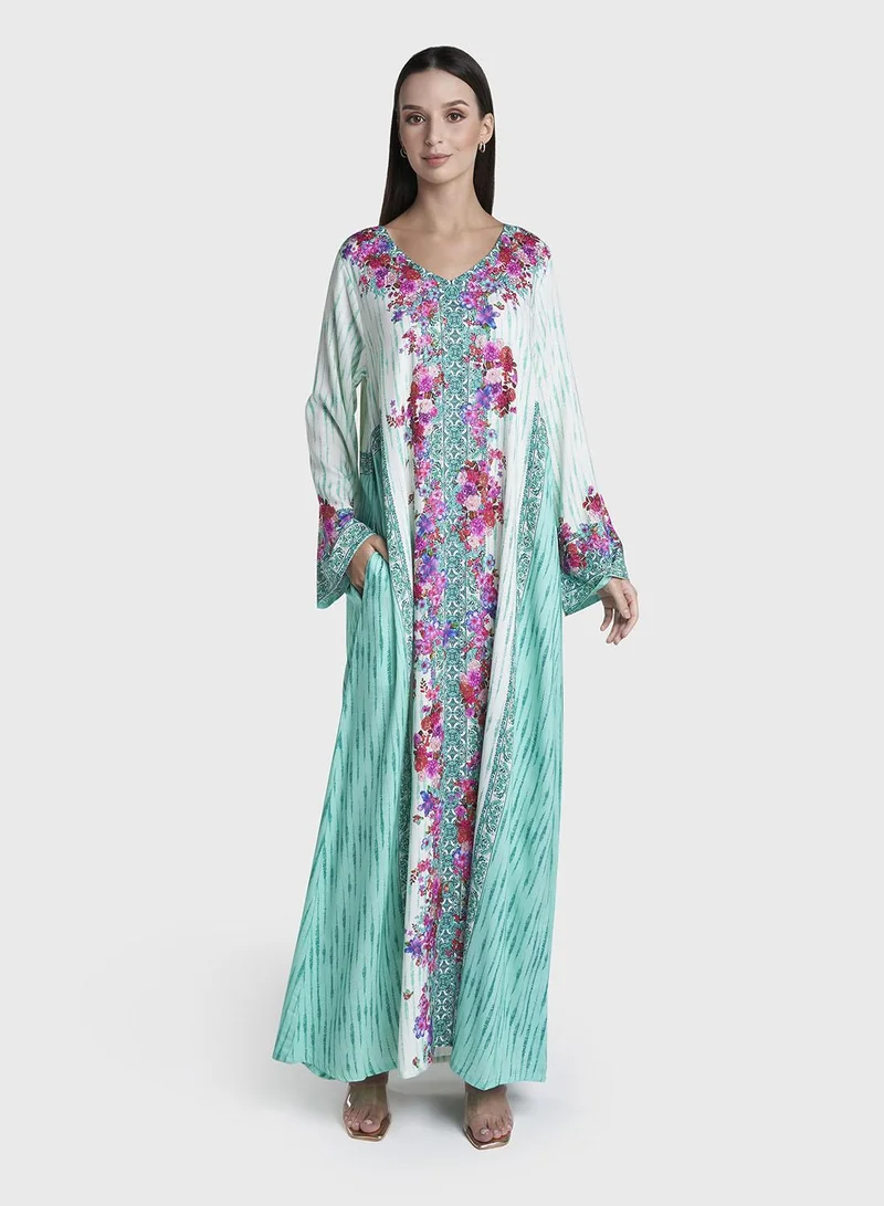 كشخة Green Colour Stone Work Rayon Floral Printed Jalabiya (VDC124)