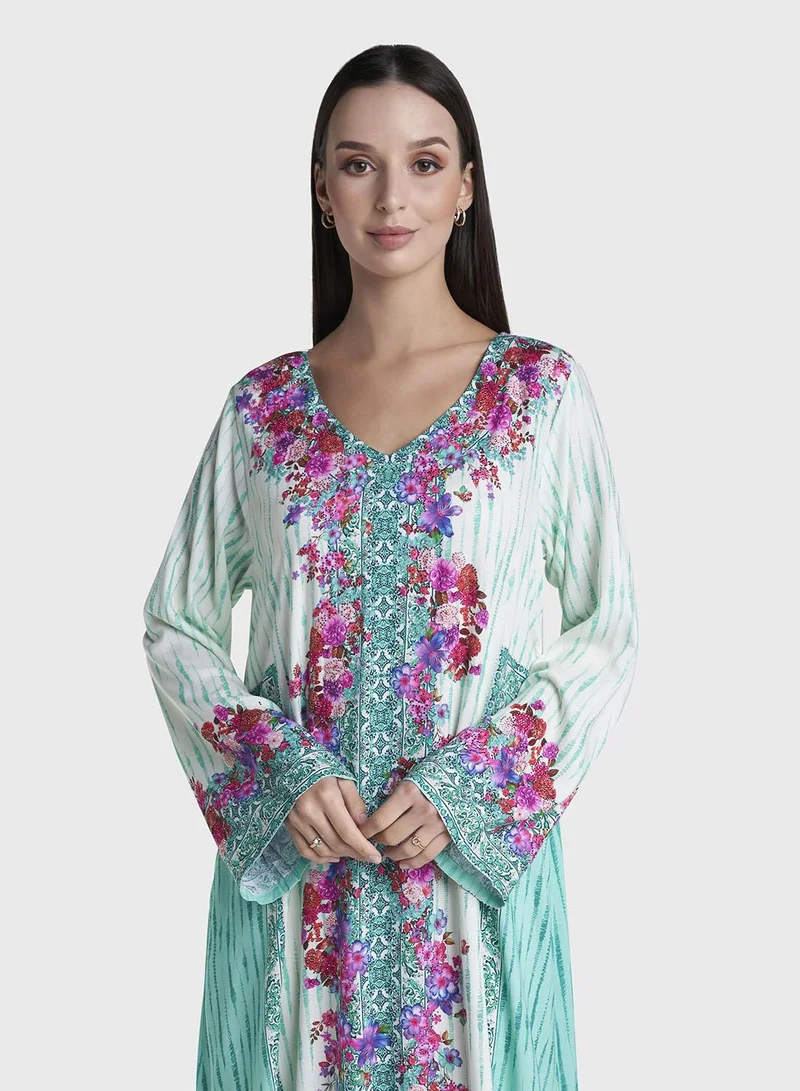 كشخة Green Colour Stone Work Rayon Floral Printed Jalabiya (VDC124)