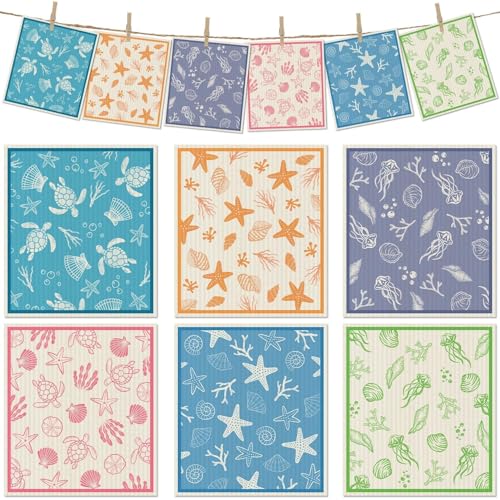 Revahope 6 Packs Swedish Paper Cloths for Kitchen, Reusable Paper Towels Washable Dish Rags, Highly Absorbent Kitchen Towels Quick Drying Swedish Sponge Cleaning Dish Cloths (Ocean Series) - Image 1