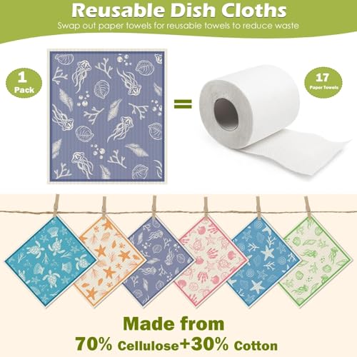 Revahope 6 Packs Swedish Paper Cloths for Kitchen, Reusable Paper Towels Washable Dish Rags, Highly Absorbent Kitchen Towels Quick Drying Swedish Sponge Cleaning Dish Cloths (Ocean Series) - Image 3
