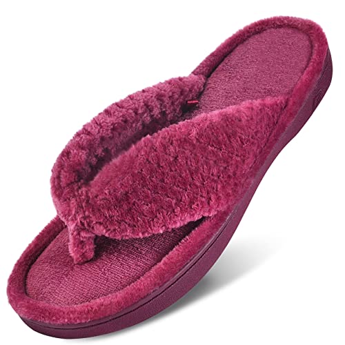 DL Women's Flip Flop Memory Foam Slippers with Cozy Terry Lining Soft Thong Slippers Slip on House Shoes with Indoor Outdoor Arch Support Rubber Sole, Purple, 7-8 - Image 1