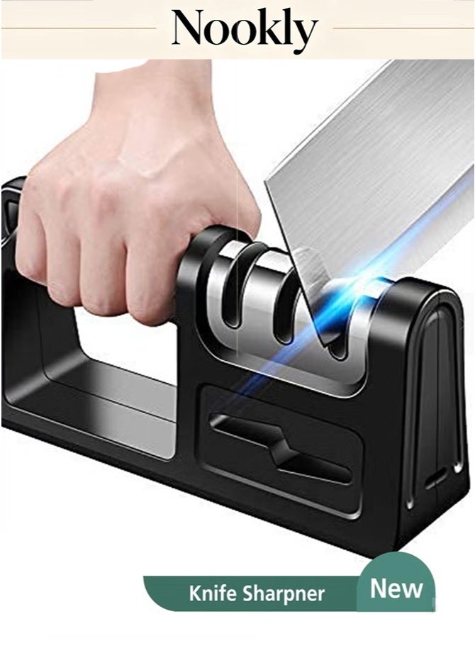 nookly 4-in-1 Knife and Scissors Sharpener, Handheld Blade Sharpening Tool, Professional High-End Knife Sharpener for Kitchen Use (Black) - Image 1