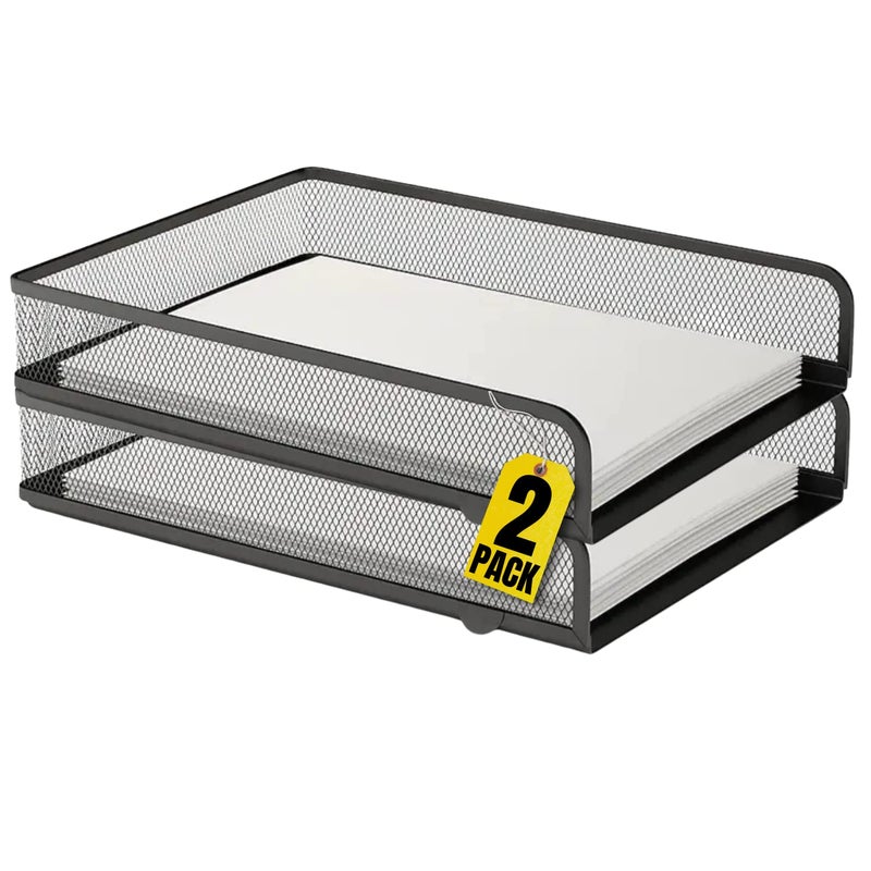 1InTheOffice Desk Trays Stackable Letter Tray Matte Black Wire Mesh FrontLoad Paper Tray Organizer 2 Pack
