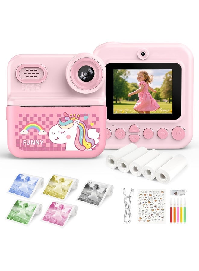 Generic Portable Cute Little unicorn Shape Instant Print Camera, 1080P HD Dual-Lens Camera Instant Print, Comes with 3 Rolls of Printing Paper, Memory Card, 6 Colored Pens, Rechargeable Battery, Ideal Gift for Boys And Girls - Image 1
