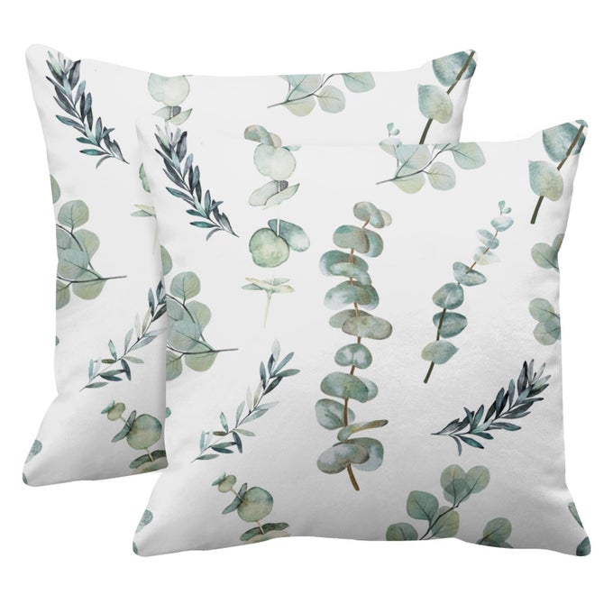 SET OF 2 THROW PILLOW COVERS DECORATIVE GREEN LEAF WATERCOLOR EUCALYPTUS BRANCHES HAND FLORAL WITH PLANT OBJECTS WHITE NATURAL GREENERY TWIG 20X20 INCH CUSHION PILLOWCASE SOFA SQUARE PRINT