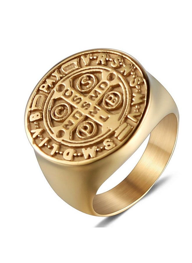 JAJAFOOK Men Gold Plated Stainless Steel Catholic St Benedict Exorcism Signet Ring Cross Band  - Image 1
