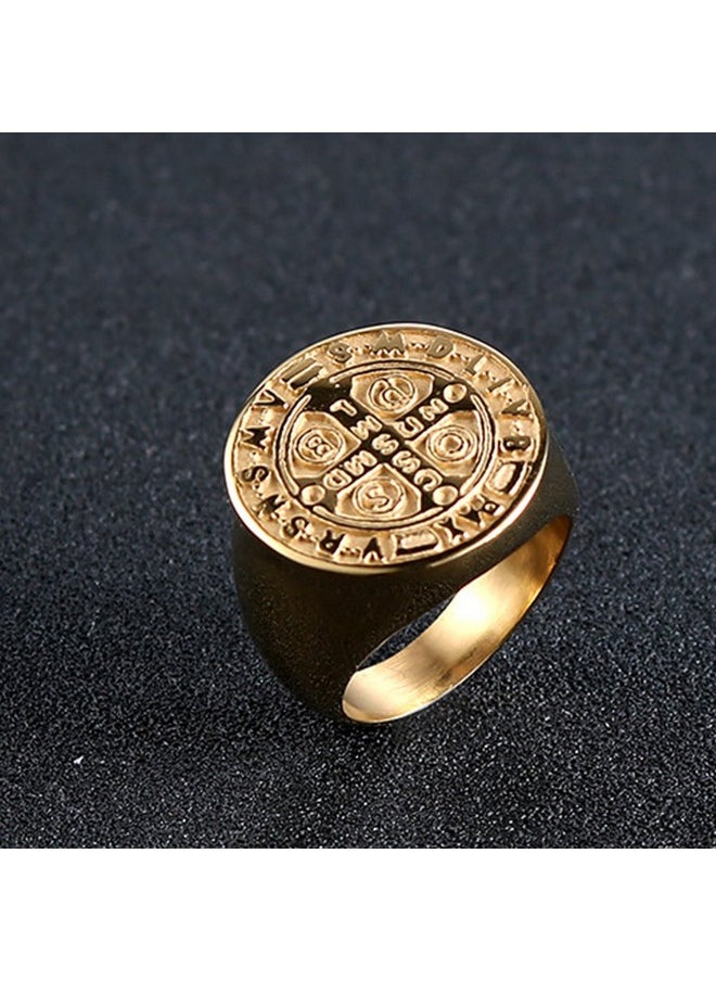 JAJAFOOK Men Gold Plated Stainless Steel Catholic St Benedict Exorcism Signet Ring Cross Band  - Image 4