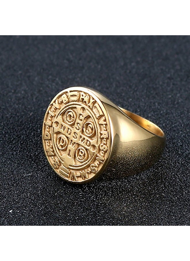 JAJAFOOK Men Gold Plated Stainless Steel Catholic St Benedict Exorcism Signet Ring Cross Band  - Image 2
