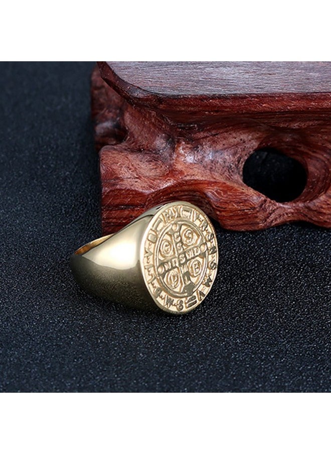 JAJAFOOK Men Gold Plated Stainless Steel Catholic St Benedict Exorcism Signet Ring Cross Band  - Image 3