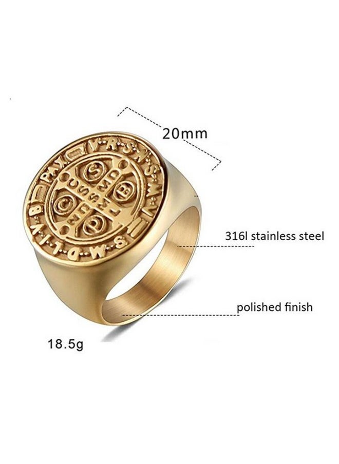 JAJAFOOK Men Gold Plated Stainless Steel Catholic St Benedict Exorcism Signet Ring Cross Band  - Image 5