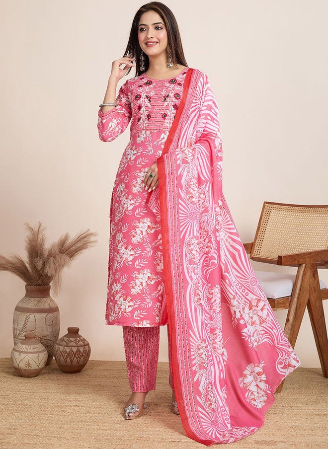 Women Basket Women Floral Printed Thread Work Straight Kurta Set with Trousers and Dupatta
