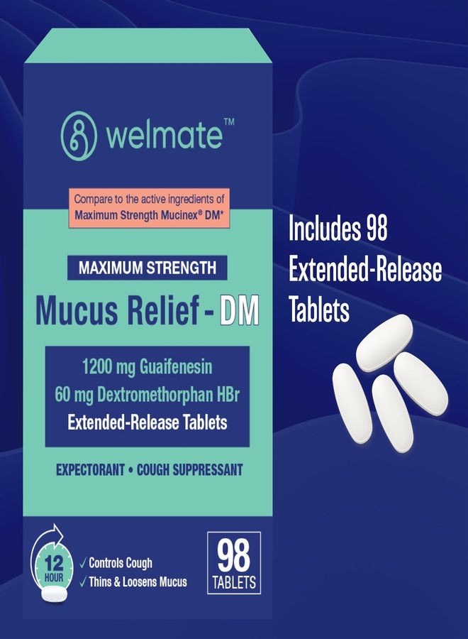 WELMATE - Maximum Strength Mucus Relief DM (98 Servings) - 1200mg Guaifenesin + 60mg Dextromethorphan HBr - 12-Hour Expectorant, Cough Relief - 98 Extended-Release Tablets - Image 4