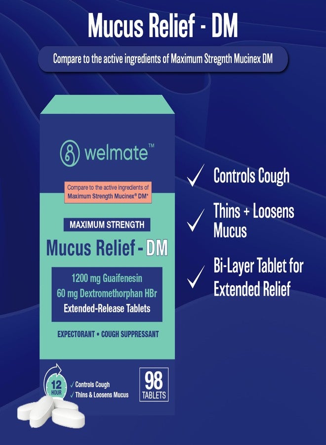 WELMATE - Maximum Strength Mucus Relief DM (98 Servings) - 1200mg Guaifenesin + 60mg Dextromethorphan HBr - 12-Hour Expectorant, Cough Relief - 98 Extended-Release Tablets - Image 2
