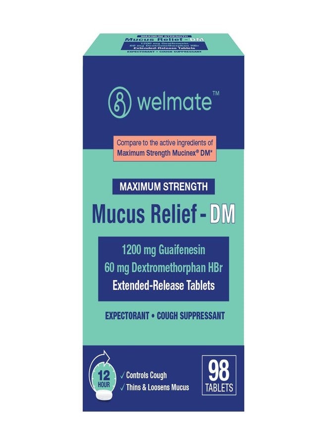 WELMATE - Maximum Strength Mucus Relief DM (98 Servings) - 1200mg Guaifenesin + 60mg Dextromethorphan HBr - 12-Hour Expectorant, Cough Relief - 98 Extended-Release Tablets - Image 1