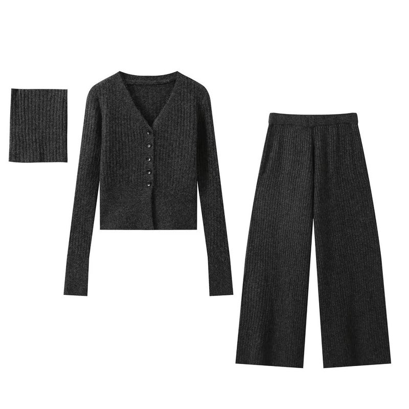 ZA cross-border womens clothing wholesale European and American style new fashion knitted cardigan jacket scarf pants three-piece set Gray three-piece set