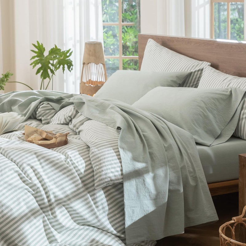 مومى طقم ملاءات سرير MooMee مصنوع من القطن المغسول بنسبة 100%، ذو ملمس يشبه الكتان، يسمح بمرور الهواء، متين، ناعم ومريح (لون أخضر فاتح ممزوج، مقاس مفرد) - Image 1