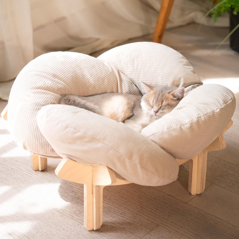 CHEERHOME PETS Elevated Cat Bed Wooden with Cushion Fluffy Pet Couch Sofa for Indoor Cats Raised Kitty Lounge Chair Suitable for Puppy, Cat Furniture(White) - Image 1