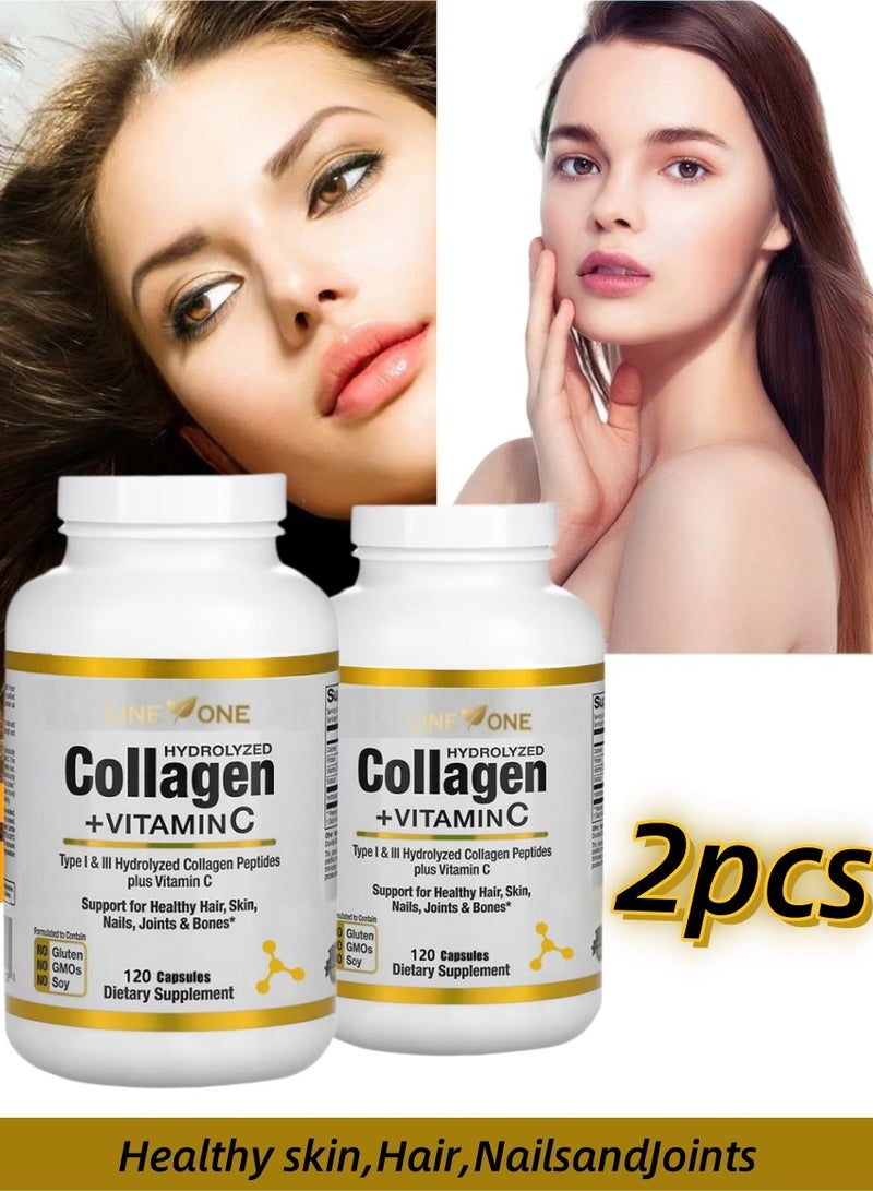 LINE ONE 2 Bottles Collagen + Vitamin C Beauty Supplements for Women – 120 Capsules Each, Nourish Hair, Nails & Skin, Boost Collagen & Whitening  - Image 1