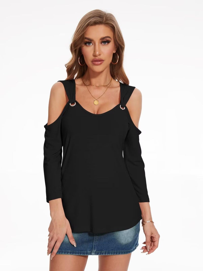 Minetom Women's V Neck 3/4 Sleeve Shirts Cold Shoulder Tops Basic Summer Tees A Black - Image 2