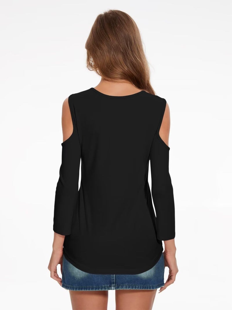 Minetom Women's V Neck 3/4 Sleeve Shirts Cold Shoulder Tops Basic Summer Tees A Black - Image 4