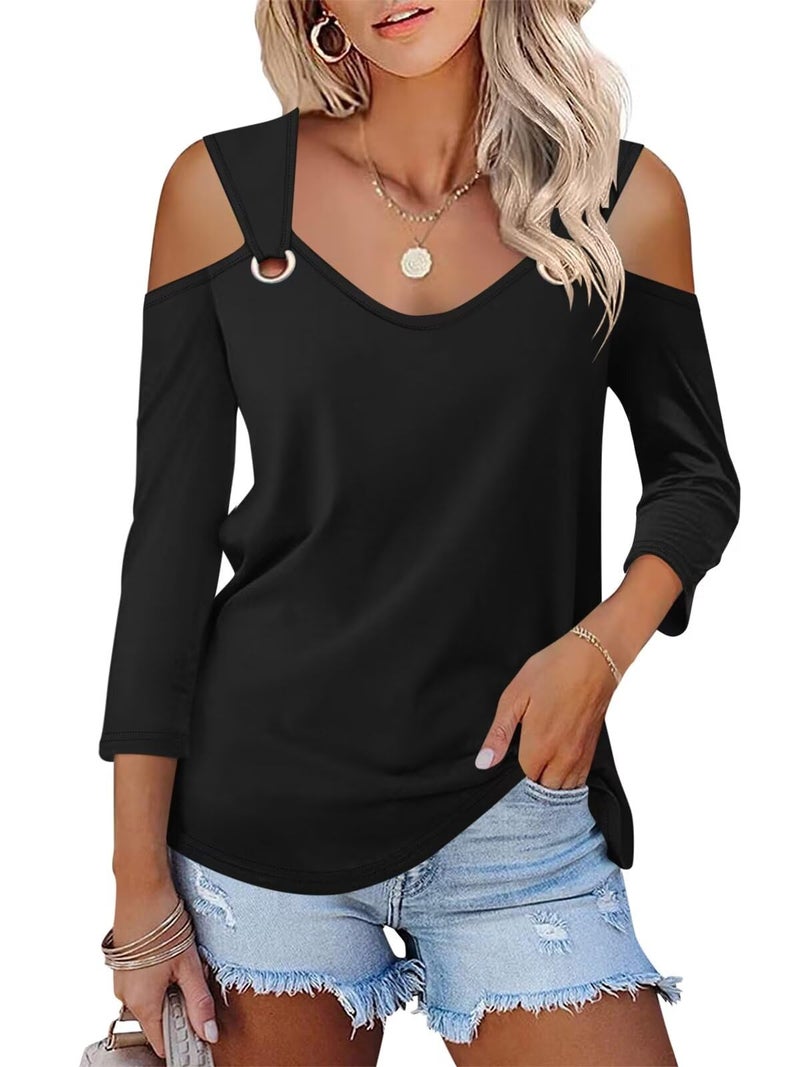 Minetom Women's V Neck 3/4 Sleeve Shirts Cold Shoulder Tops Basic Summer Tees A Black - Image 1