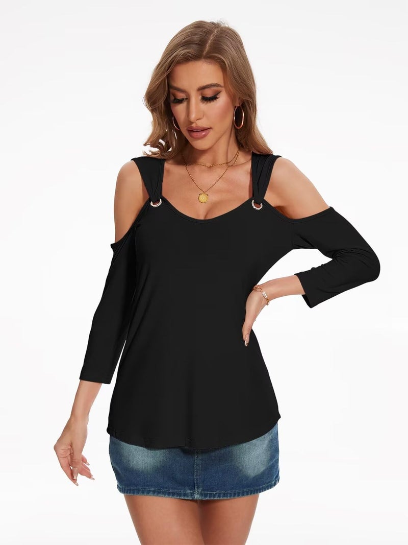 Minetom Women's V Neck 3/4 Sleeve Shirts Cold Shoulder Tops Basic Summer Tees A Black - Image 3