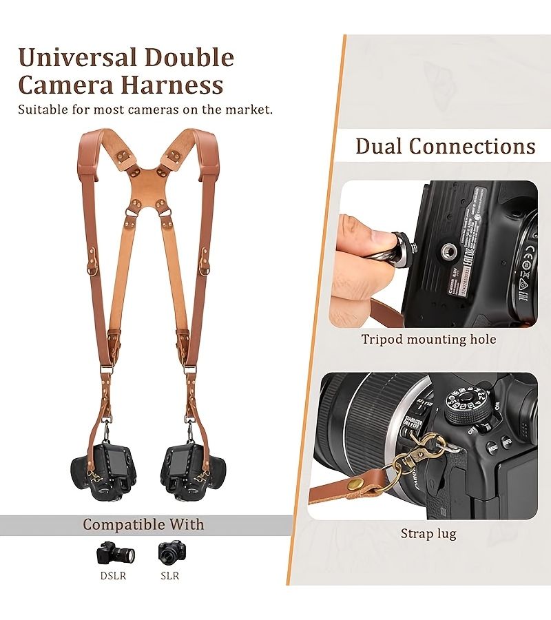 Brown PU Leather Camera Strap For Photographers Two Camera Holder Outdoor Wedding - Image 1