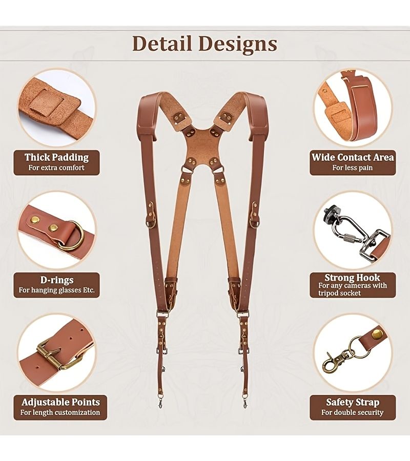 Brown PU Leather Camera Strap For Photographers Two Camera Holder Outdoor Wedding - Image 3