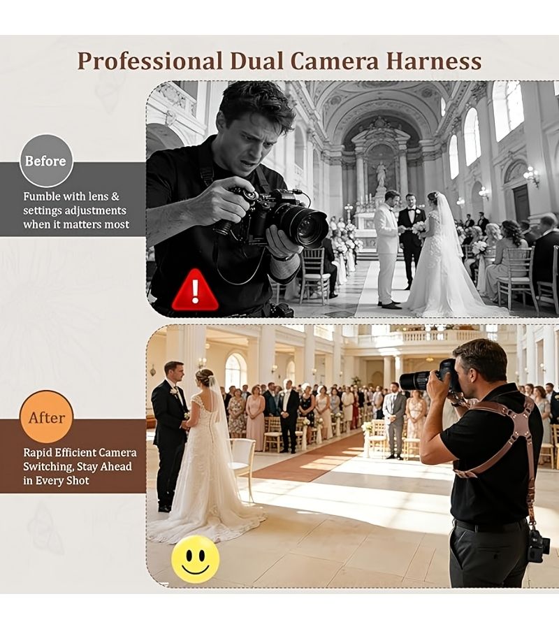 Brown PU Leather Camera Strap For Photographers Two Camera Holder Outdoor Wedding - Image 4